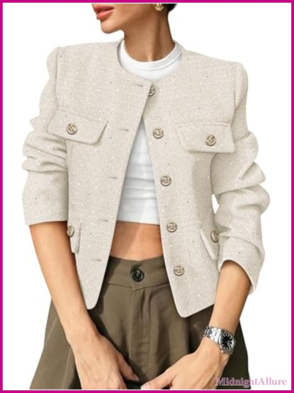 Tweed Blazer Open Front Business Casual Cropped Jacket